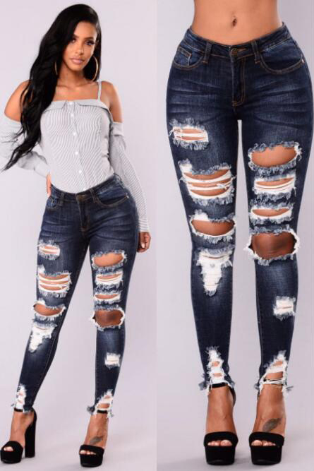 SZ60212 Women Fashion Ripped High Waist Bodysuit Denim Jeans Pencil Pants